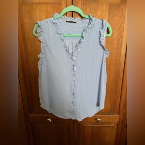 Blue and white striped ruffle blouse